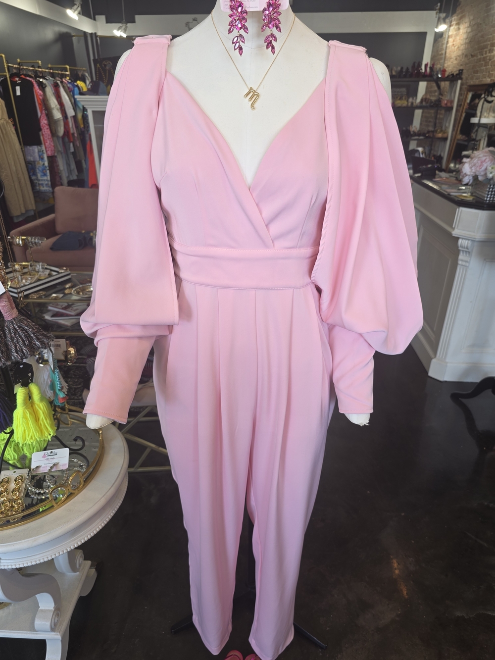 Pink Puff-Sleeve V-Neck Jumpsuit